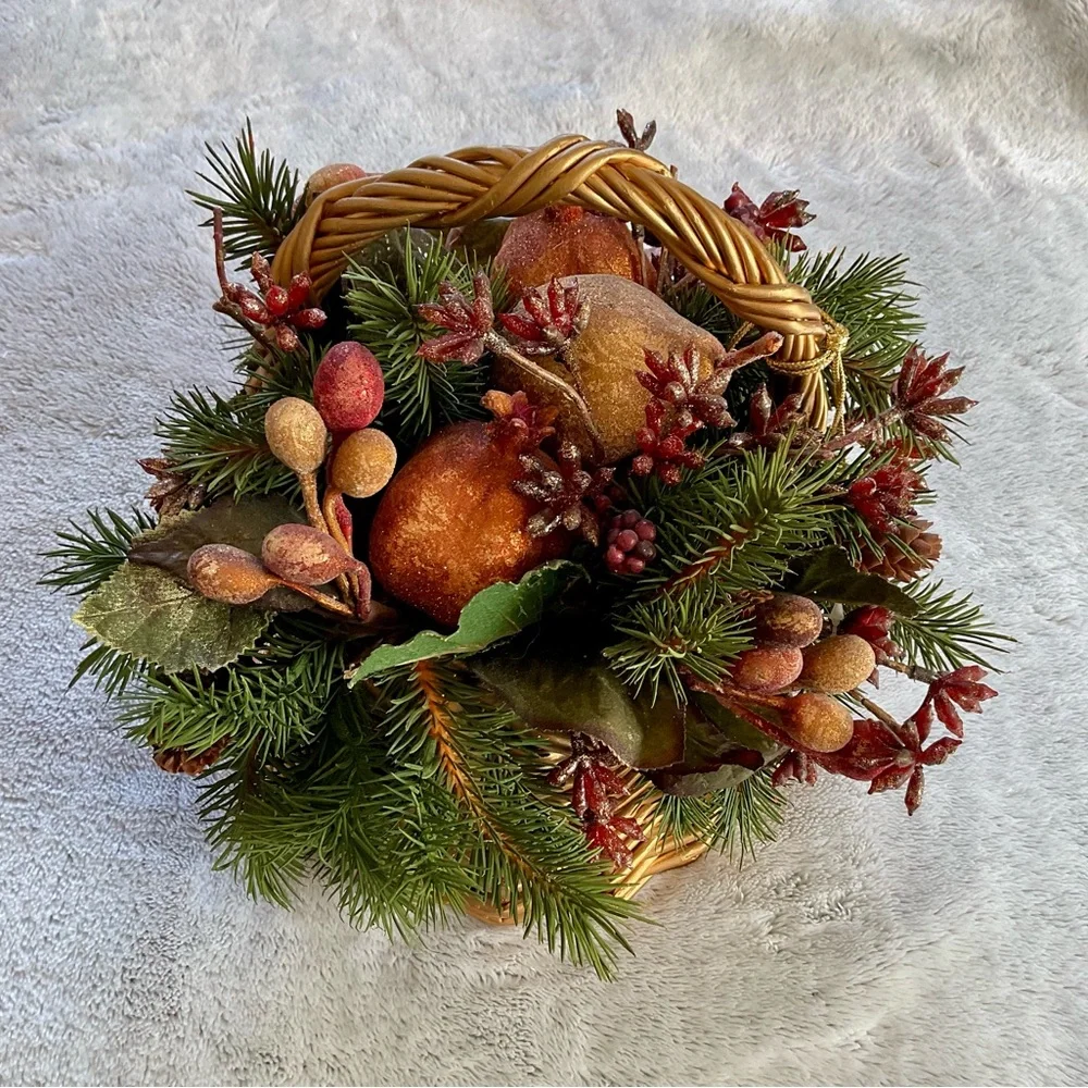 Gold Wicker Basket with Festive Holiday Flower Arrangement